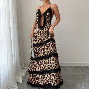 Brown Sexy Women's Leopard Print Lace Trim Backless Dress